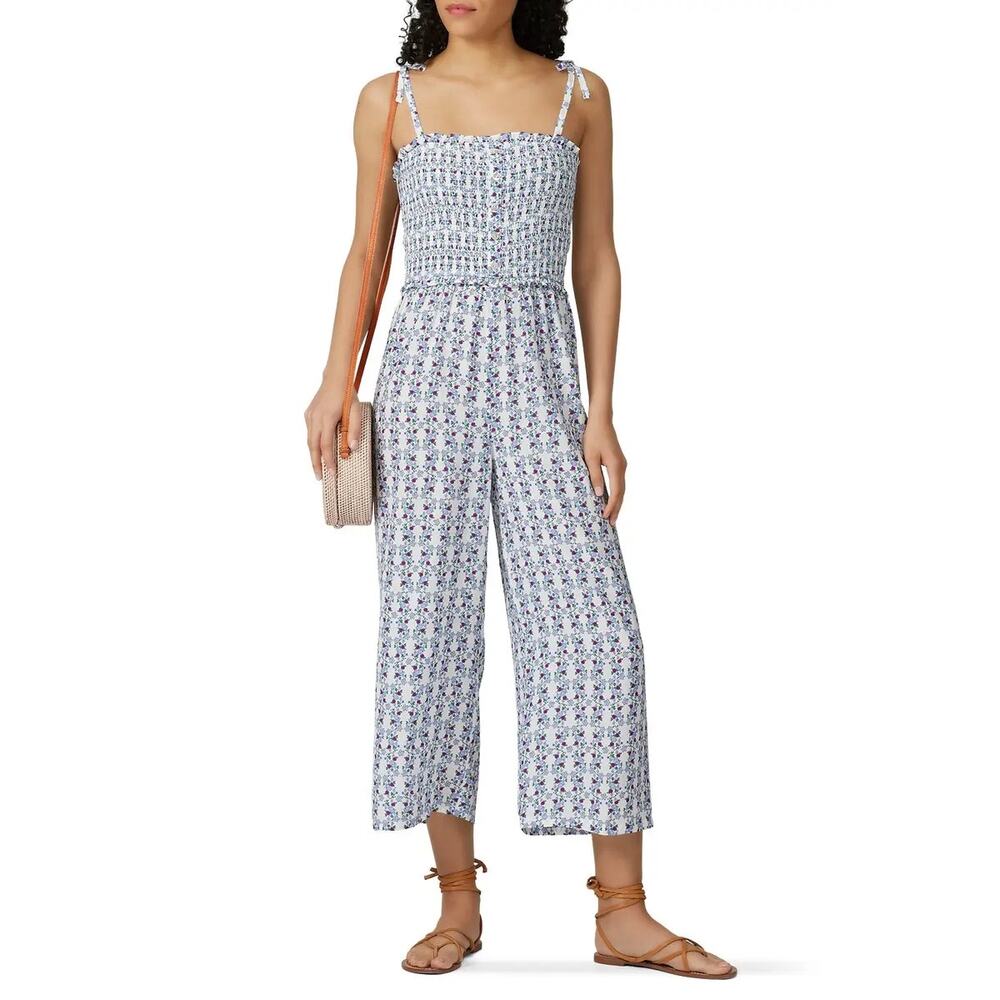 Paloma Blue Pearl Floral Print Smocked Tie‎ Shoulder White Jumpsuit Size Small